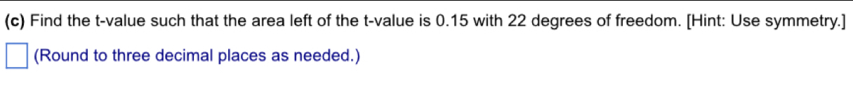 Find the t-value such that the area left of the t-value is 0.15 with 22 degrees of freedom. [Hint: Use symmetry.] 
(Round to three decimal places as needed.)