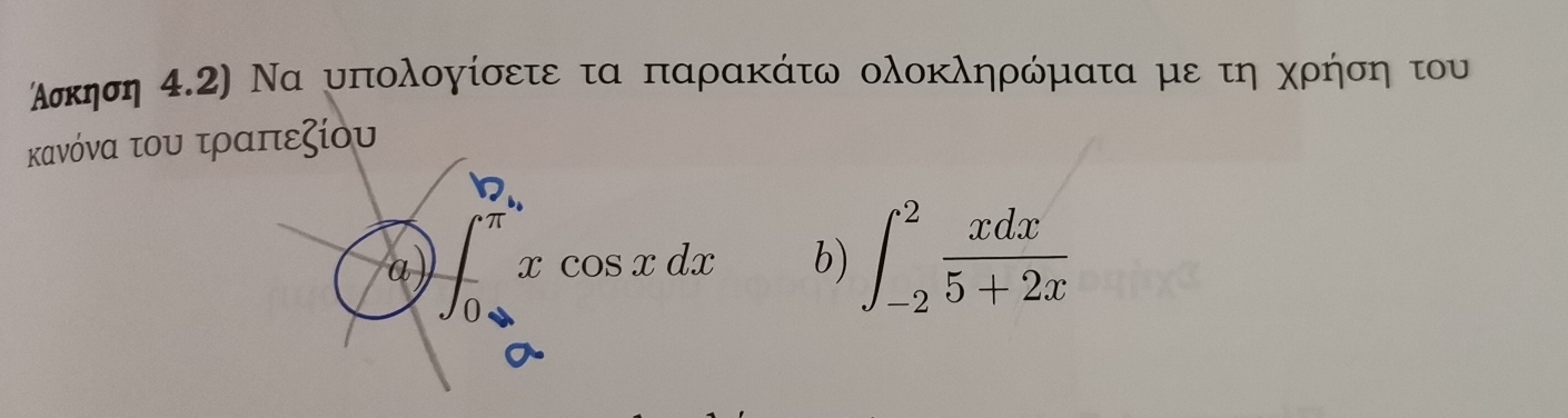 οσκηση 4.2) Να υπολογίσετε τα παρακάτω ολοκληρώματα με τη χρήση του 
κανόνα του τραπεζίου 
a ∈t _0^((frac 1)2)xcos xdx b) ∈t _(-2)^2 xdx/5+2x 