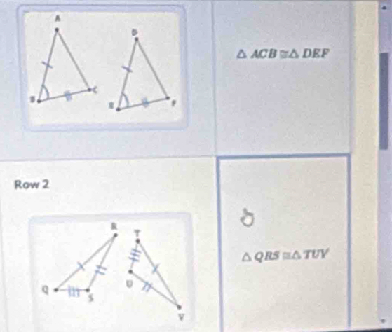 △ ACB≌ △ DEF
Row 2
△ QRS≌ △ TUV