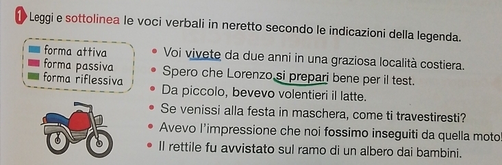 Leggie sottolinea le voci verbali in neretto secondo le indicazioni della legenda. 
forma attiva Voi vivete da due anni in una graziosa località costiera. 
forma passiva Spero che Lorenzo si prepari bene per il test. 
forma riflessiva Da piccolo, bevevo volentieri il latte. 
Se venissi alla festa in maschera, come ti travestiresti? 
Avevo l’impressione che noi fossimo inseguiti da quella moto 
Il rettile fu avvistato sul ramo di un albero dai bambini.