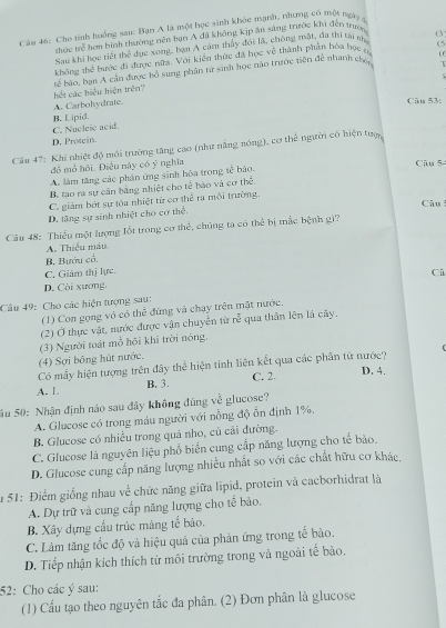 ậu 46: Cho tính huồng sau: Bạn A là một học sinh khỏc mạnh, nhưng có một ngày à
thực trẻ hơn bình thường nên hạn A đã không kịp ăn sáng trước khi đẹn trượ
(5
Sau khi bọc tiết thể đục xong, ban A cam thủy đời lã, chóng mắt, đã thi tài n (3
khōng thé  bước đi được nữa. Với kiến thức đã học về thành phần hóa học có ( f
  
tế bào, bạn A cần được bổ sung phân từ sinh học nào trước tiên để nhanh cây hết các biệu hiện trên?
A. Carbohydrate.
Câu 53:
B. Lipid.
C. Nueleic acid.
D. Protein.
Câu 47: Khi nhiệt độ môi trường tăng cao (như nắng nóng), cơ thể người có hiện tuợ
đồ mỏ hồi. Điều này có ý nghĩa
Câu 54
A. làm tăng các phân ứng sinh hóa trong tễ bảo.
B. tạo ra sự cân bằng nhiệt cho tế bào và cơ thể
C. giảm bớt sự tóa nhiệt tử cơ thể ra môi trường.
Câu
D. tăng sự sinh nhiệt cho cơ thể.
Câu 48: Thiểu một lượng lốt trong cơ thể, chúng ta có thể bị mắc bệnh gì?
A. Thiếu máu
B. Bướu cả,
C. Giảm thị lực.
D. Côi xương. Câ
Câu 49: Cho các hiện tượng sau:
(1) Con gọng vó có thể đứng và chạy trên mặt nước,
(2) Ở thực vật, mước được vận chuyển từ n^(frac 2)2 qua thân lên lá cây,
(3) Người toát mỗ hội khi trời nóng,
(4) Sợi bông hút nước,
Có mẫy hiện tượng trên đây thể hiện tính liên kết qua các phần từ nước? D. 4.
C. 2.
A. L B. 3.
Su 50: Nhận định nào sau đây không đùng về glucose?
A. Glucose có trong máu người với nổng độ ổn định 1%.
B. Glucose có nhiều trong quả nho, củ cải đường.
C. Glucose là nguyên liệu phổ biển cung cấp năng lượng cho tế bảo.
D. Glucose cung cấp năng lượng nhiều nhất so với các chất hữu cơ khác,
u 51: Điểm giống nhau về chức năng giữa lipid, protein và cacborhidrat là
A. Dự trữ và cung cấp năng lượng cho tế bảo.
B. Xây dựng cầu trúc màng tế bảo.
C. Làm tăng tốc độ và hiệu quả của phản ứng trong tế bào.
D. Tiếp nhận kích thích từ môi trường trong và ngoài tế bào.
52: Cho các ý sau:
(1) Cấu tạo theo nguyên tắc đa phân. (2) Đơn phân là glucose