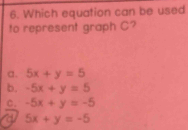 Which equation can be used
to represent graph C?
a. 5x+y=5
b. -5x+y=5
C. -5x+y=-5
5x+y=-5