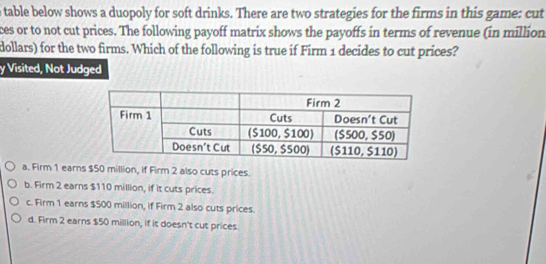 table below shows a duopoly for soft drinks. There are two strategies for the firms in this game: cut
ces or to not cut prices. The following payoff matrix shows the payoffs in terms of revenue (in million
dollars) for the two firms. Which of the following is true if Firm 1 decides to cut prices?
y Visited, Not Judged
a. Firm 1 earns $50 million, if Firm 2 also cuts prices.
b. Firm 2 earns $110 million, if it cuts prices.
c. Firm 1 earns $500 million, if Firm 2 also cuts prices.
d. Firm 2 earns $50 million, if it doesn't cut prices.