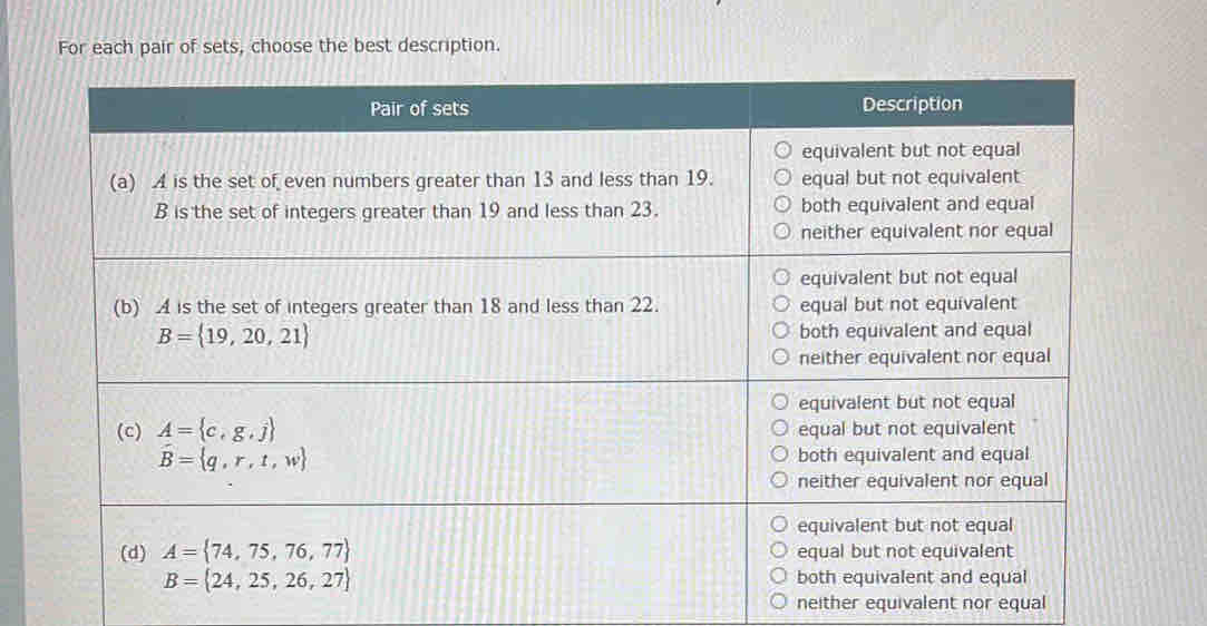 For each pair of sets, choose the best description.
neither equivalent nor equal