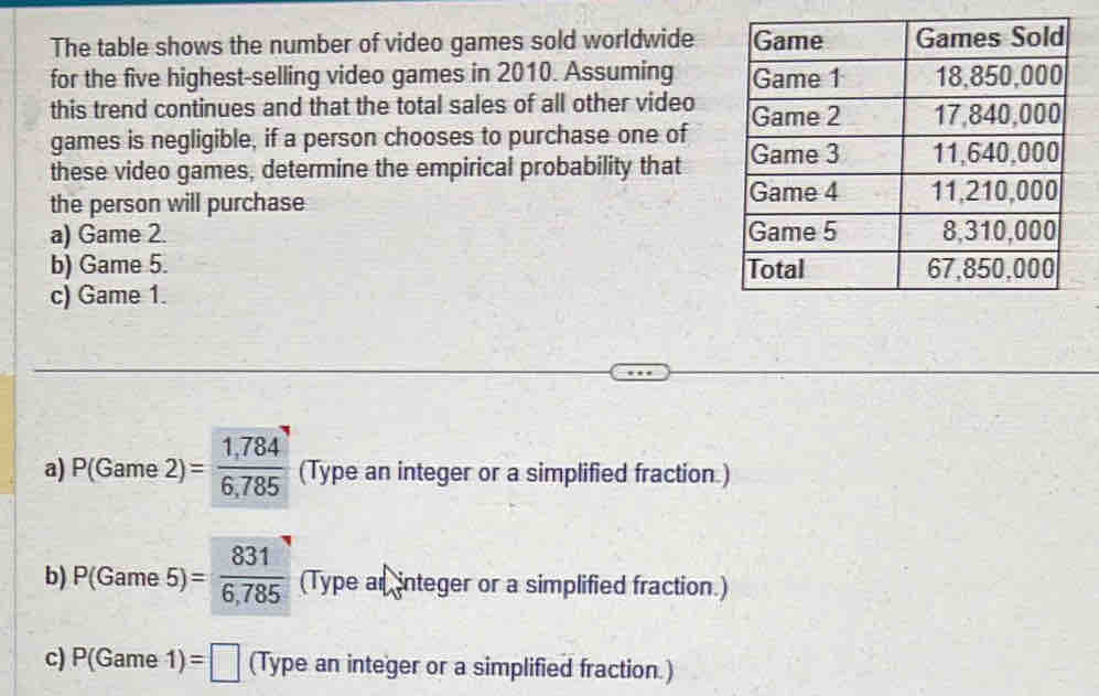 The table shows the number of video games sold worldwide 
for the five highest-selling video games in 2010. Assuming 
this trend continues and that the total sales of all other video 
games is negligible, if a person chooses to purchase one of 
these video games, determine the empirical probability that 
the person will purchase 
a) Game 2. 
b) Game 5. 
c) Game 1. 
a) P(Game2)= (1,784)/6,785  (Type an integer or a simplified fraction ) 
b) P(Game5)= 831/6,785  (Type ar integer or a simplified fraction.) 
c) P(Game1)=□ (Type an integer or a simplified fraction.)