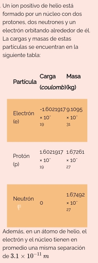 Un ion positivo de helio está 
formado por un núcleo con dos 
protones, dos neutrones y un 
electrón orbitando alrededor de él. 
La cargas y masas de estas 
partículas se encuentran en la 
siguiente tabla: 
Carga Masa 
Partícula 
(coulomb)(kg) 
Electrón -1.60219179.1095
× 10~ × 10 ~ 
(e) 19 31
Protón 1.6021917 1.67261
× 10 ~ × 10 ~ 
(p) 19 27
1.67492
Neutrón
0 * 10^-
27
Además, en un átomo de helio, el 
electrón y el núcleo tienen en 
promedio una misma separación 
de 3.1* 10^(-11)m