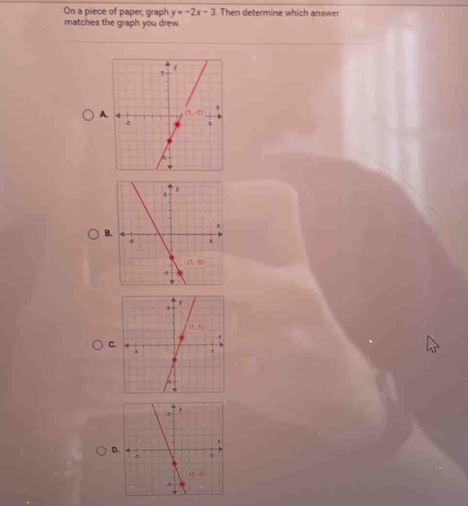 On a piece of paper, graph y=-2x-3. Then determine which answer
matches the graph you drew.
B
D.