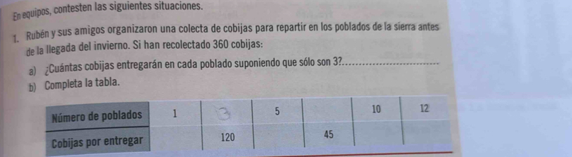 En equipos, contesten las siguientes situaciones. 
1. Rubén y sus amigos organizaron una colecta de cobijas para repartir en los poblados de la sierra antes 
de la llegada del invierno. Si han recolectado 360 cobijas: 
a) ¿Cuántas cobijas entregarán en cada poblado suponiendo que sólo son 3?_ 
b) Completa la tabla.