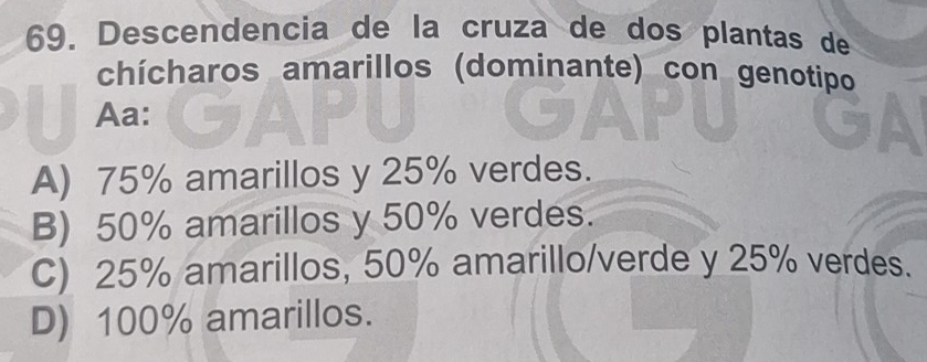 Descendencia de la cruza de dos plantas de
chícharos amarillos (dominante) con genotipo
Aa:
A) 75% amarillos y 25% verdes.
B) 50% amarillos y 50% verdes.
C) 25% amarillos, 50% amarillo/verde y 25% verdes.
D) 100% amarillos.