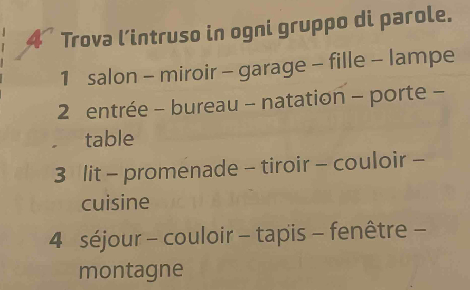 Trova l’intruso in ogni gruppo di parole. 
1 salon - miroir - garage - fille - lampe 
2 entrée - bureau - natation - porte - 
table 
3 lit - promenade - tiroir - couloir - 
cuisine 
4 séjour - couloir - tapis - fenêtre - 
montagne