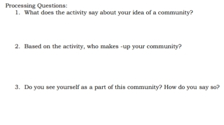 Processing Questions: 
1. What does the activity say about your idea of a community? 
2. Based on the activity, who makes -up your community? 
3. Do you see yourself as a part of this community? How do you say so?