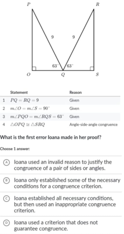 P
R
9 9
63° 63°
0 Q s
Statement Reason
1 PQ=RQ=9 Given
2 m∠ O=m∠ S=90° Given
3 m∠ PQO=m∠ RQS=63° Given
4 △ OPQ≌ △ SRQ Angle-side-angle congruence
What is the first error loana made in her proof?
Choose 1 answer:
A loana used an invalid reason to justify the
congruence of a pair of sides or angles.
loana only established some of the necessary
conditions for a congruence criterion.
loana established all necessary conditions,
but then used an inappropriate congruence
criterion.
loana used a criterion that does not
guarantee congruence.