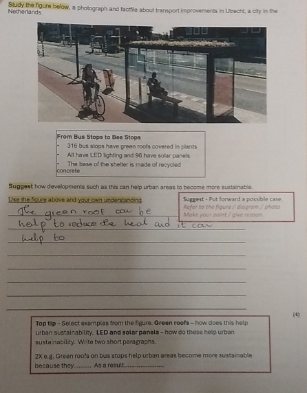 Netherlands Study the figure below, a photograph and factfile about transport improvements in Utrecht, a city in the 
From Bus Stops to Bee Stops
316 bus stops have green roofs covered in plants 
All have LED lighting and 96 have solar panels 
The base of the shelter is made of recycled 
concrete 
Suggest how developments such as this can help urban areas to become more sustainable. 
Use the figure above and your own understanding Suggest - Put forward a possible case. 
Refer to the figure / diagram / phato 
__Make your point / give reason. 
_ 
_ 
_ 
_ 
_ 
_ 
_ 
(4) 
Top tip - Select examples from the figure. Green roofs - how does this help 
urban sustainability. LED and solar panels - how do these help urban 
sustainability. Write two short paragraphs. 
2X e.g. Green roofs on bus stops help urban areas become more sustainable 
because they _As a result_