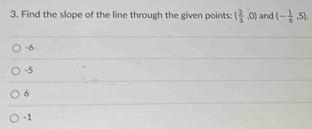 Find the slope of the line through the given points: ( 2/3 ,0) and (- 1/6 ,5).
-6
-5
6
-1