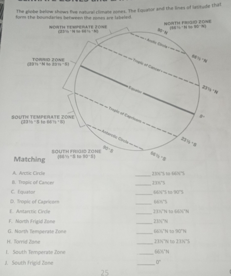 The globe below shows five natural climate zones. The Equator and the lines of latitude that
form the boundaries between the zones are labeled.
A. Arctic Circle _ 23% ^circ St 66½°S
_
B. Tropic of Cancer 231/_2^(+S
C. Equator
_
66% ^+)Sto90°S
D. Tropic of Capricorn _ 66% ^+S
E. Antarctic Circle _ 23% ^circ Nto66% ^circ N
F. North Frigid Zone _ 23% ^circ N
G. North Temperate Zone _ 66% ^*N to 90°N
H. Torrid Zone _ 23% ^circ N to 23% ^circ S
1. South Temperate Zone
_
66% ^circ N
J. South Frigid Zone _ 0°
25