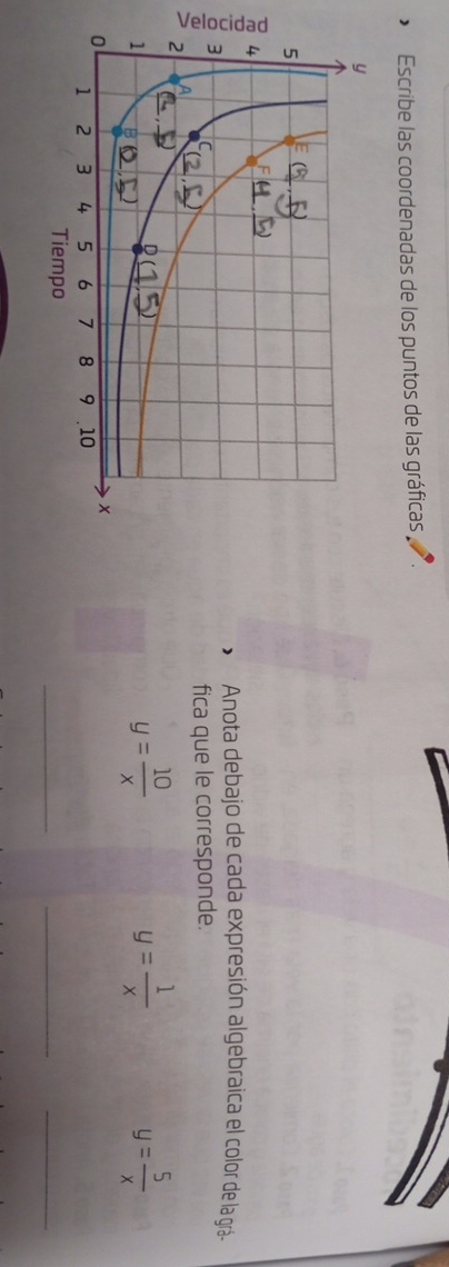 Escribe las coordenadas de los puntos de las gráficas ;
Anota debajo de cada expresión algebraica el color de la grá.
fica que le corresponde.
y= 10/x 
y= 1/x  y= 5/x 
_
_
_