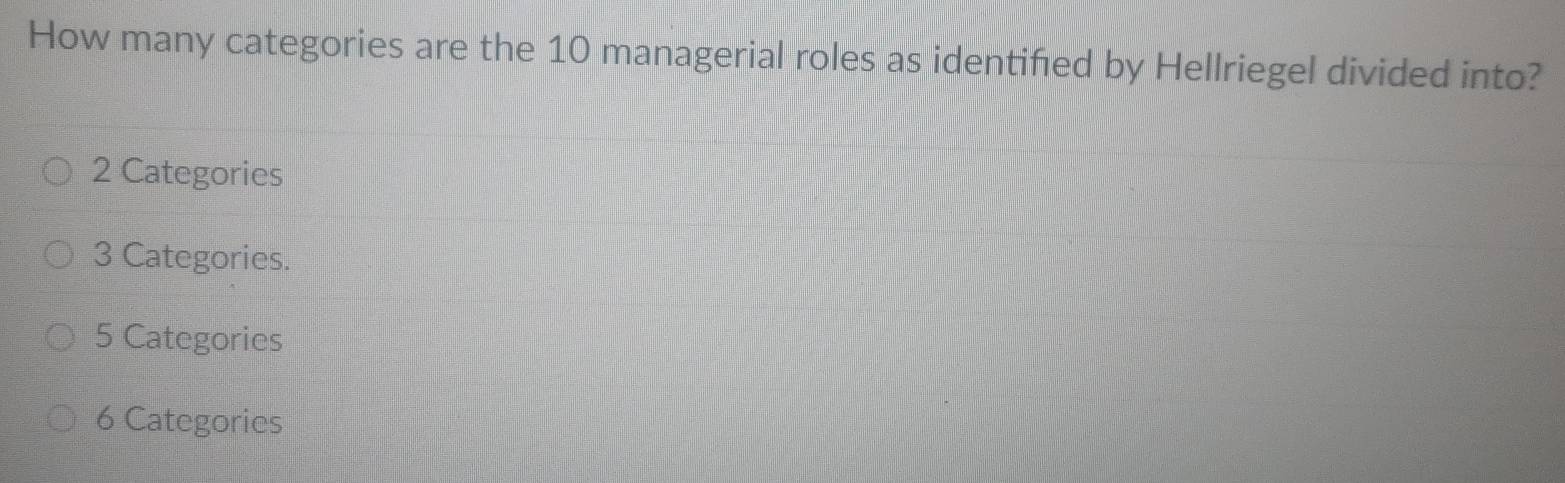 How many categories are the 10 managerial roles as identifed by Hellriegel divided into?
2 Categories
3 Categories.
5 Categories
6 Categories