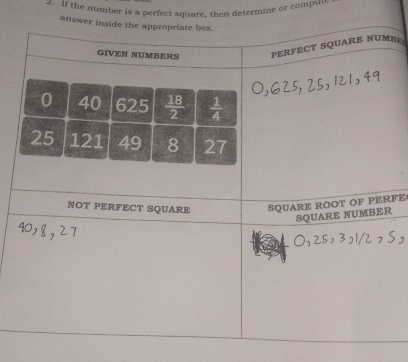 If the mumber is a perfect square, then determine or comput 
answer inside the appropriate box. 
GIVEN NUMBERS PERFECT SQUARE NUMIP
0 40 625  18/2   1/4 
25 121 49 8 27
NOT PERFECT SQUARE SQUARE ROOT OF PERFE 
SQUARE NUMBER