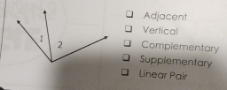 Adjacent
Vertical
Complementary
Supplementary
Linear Pair