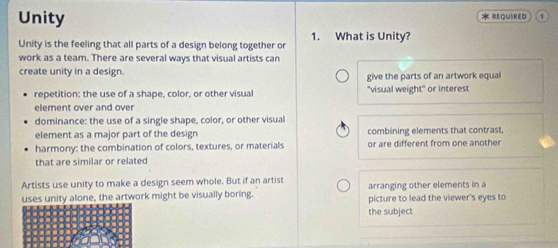 Solved: Unity REQUIRED 1 * 1. What is Unity? Unity is the feeling that ...