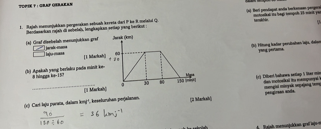 TOPIK 7 : GRAF GERAKAN 
(a) Beri pendapat anda berkenaan pergera 
terakhir. 
1. Rajah menunjukkan pergerakan sebuah kereta dari P ke R melalui Q. motosikal itu bagi tempoh 25 minit ya 
[1 
Berdasarkan rajah di sebelah, lengkapkan setiap yang berikut : 
(a) Graf disebelah menunjukkan graf Jarak (km) 
jarak-masa 
(b) Hitung kadar perubahan laju, dalan 
yang pertama. 
laju-masa [1 Markah] 60
0 
(b) Apakah yang berlaku pada minit ke-
8 hingga ke-1 5? 
Mạsa 
dan motosikal itu mempunyai ! 
_[1 Markah] (c) Diberi bahawa setiap 1 liter min
0 30 80 150 [minit] 
mengisi minyak sepajang temp 
pengiraan anda. 
(c) Cari laju purata, dalam kmj^(-1) , keseluruhan perjalanan. 
[2 Markah] 
4 Rajah menunjukkan graf laju-n