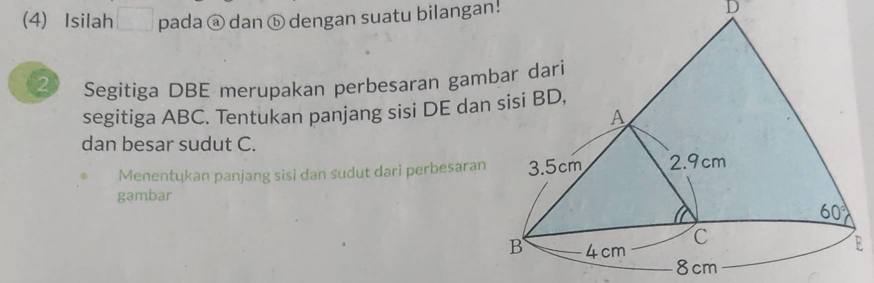 (4) Isilah pada @ dan ⓑ dengan suatu bilangan! D
2 Segitiga DBE merupakan perbesaran gambar dari
segitiga ABC. Tentukan panjang sisi DE dan sisi BD,
A
dan besar sudut C.
Menentukan panjang sisi dan sudut dari perbesaran 3.5cm
2. 9cm
gəmbar
60°
B
C
4cm
E
8cm