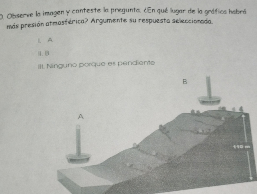 Observe la imagen y conteste la pregunta. ¿En qué lugar de la gráfica habrá
más presión atmosférica? Argumente su respuesta seleccionada.
1. A
II. B
III. Ninguno porque es pendiente