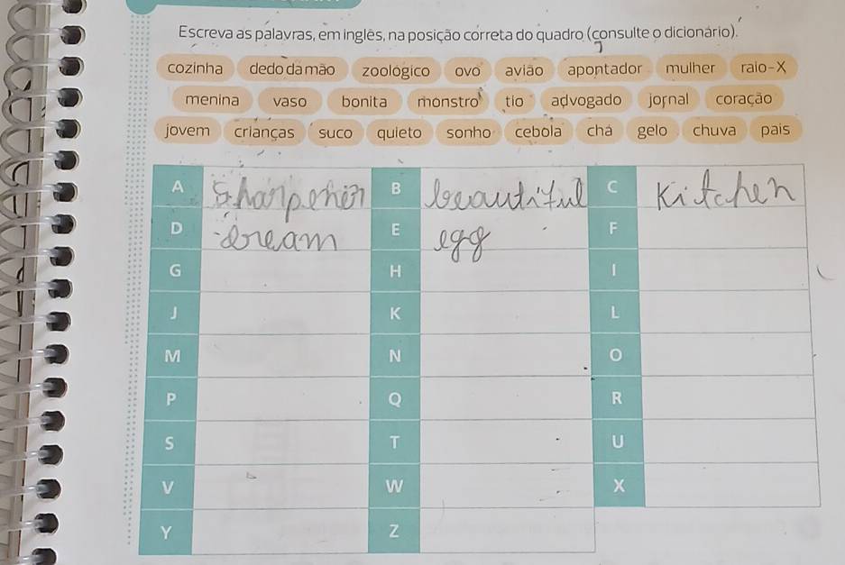 Escreva as palavras, em inglês, na posição correta do quadro (consulte o dicionário). 
cozinha dedo da mão zoologico ovo avião apontador mulher raio-X 
menina vaso bonita monstro tio advogado jornal coração 
jovem crianças suco quieto sonho cebola chá gelo chuva pais