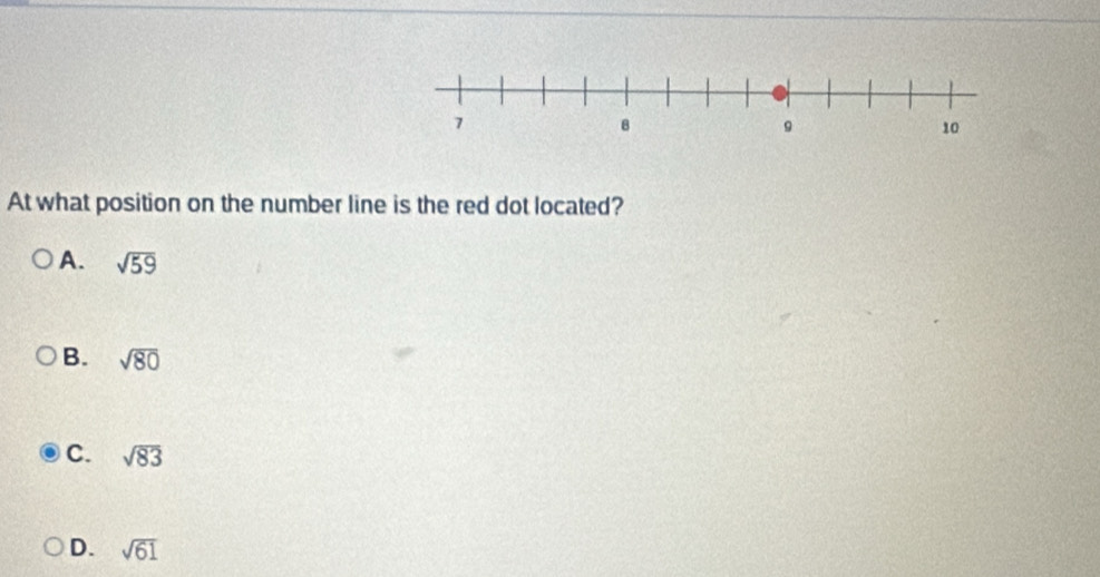 At what position on the number line is the red dot located?
A. sqrt(59)
B. sqrt(80)
C. sqrt(83)
D. sqrt(61)