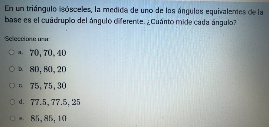 Resuelto:En un triángulo isósceles, la medida de uno de los ángulos ...