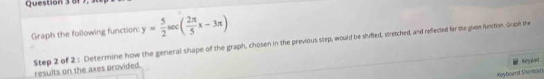 of 7. 
Graph the following function: y= 5/2 sec ( 2π /5 x-3π )
Step 2 of 2 : Determine how the general shape of the graph, chosen in the previous step, would be shifted, stretched, and reflected for the given function. Graph the 
Keypad 
results on the axes provided. 
Keyboard Shortcut