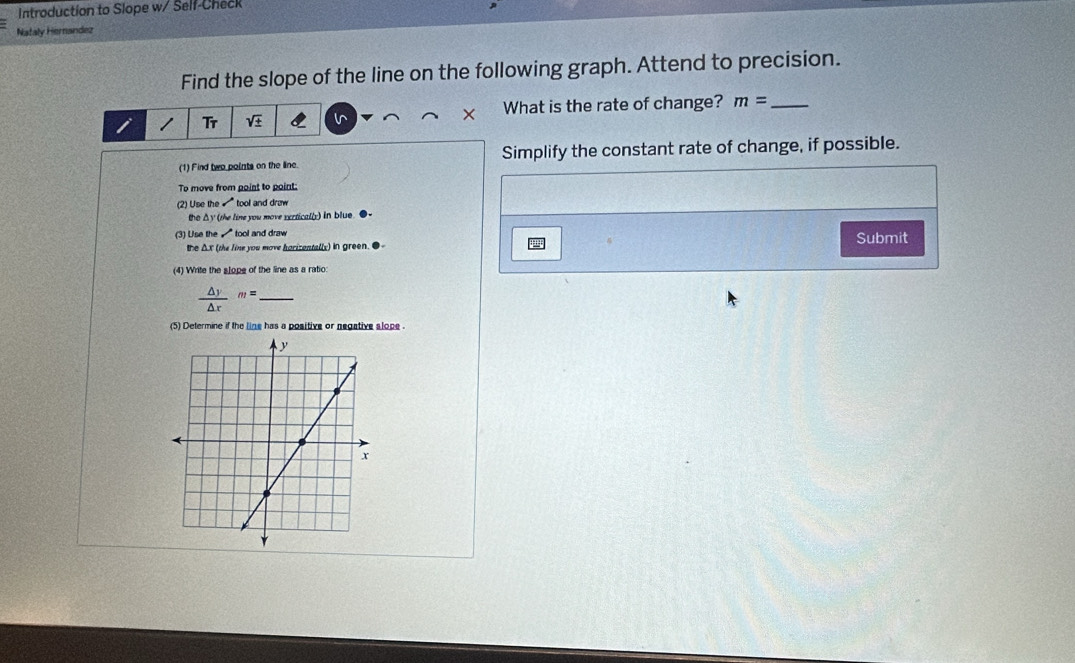 Introduction to Slope w/ Self-Check 
Nataly Hernandez 
Find the slope of the line on the following graph. Attend to precision. 
Tr sqrt(± ) v × What is the rate of change? m= _ 
(1) Find two points on the line. Simplify the constant rate of change, if possible. 
To move from point to point: 
(2) Use th . tool and drow 
the △y (she line you move sxrtically) in blue. ● 
(3) Use the tool and draw 
the ΔX (the line you move harizentally) in green. ●- Submit 
(4) Write the slope of the line as a ratio:
 △ y/△ x m=
(5) Determine if the line has a positive or negative slope