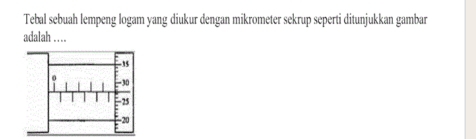 Tebal sebuah lempeng logam yang diukur dengan mikrometer sekrup seperti ditunjukkan gambar 
adalah …