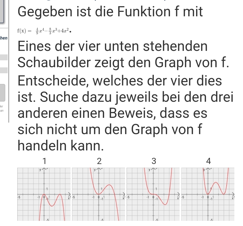 Gegeben ist die Funktion f mit
f(x)= 4/9 x^4- 8/3 x^3+4x^2·
hen 
Eines der vier unten stehenden 
Schaubilder zeigt den Graph von f. 
Entscheide, welches der vier dies 
ist. Suche dazu jeweils bei den drei 
ler 
an anderen einen Beweis, dass es 
sich nicht um den Graph von f 
handeln kann. 
1 
2 
3 
4