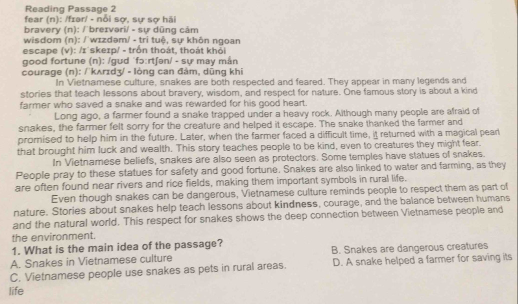 Reading Passage 2
fear (n): /fɪər/ - nỗi sợ, sự sợ hãi
bravery (n): /˙breɪvəri/ - sự dũng cảm
wisdom (n): /`wɪzdəm/ - tri tuệ, sự khôn ngoan
escape (v): /ɪ´skeɪp/ - trốn thoát, thoát khỏi
good fortune (n): /gʊd ^fɔ:rtʃən/ - sự may mắn
courage (n): /'kʌrɪdʒ/ - lòng can đảm, dũng khí
In Vietnamese culture, snakes are both respected and feared. They appear in many legends and
stories that teach lessons about bravery, wisdom, and respect for nature. One famous story is about a kind
farmer who saved a snake and was rewarded for his good heart.
Long ago, a farmer found a snake trapped under a heavy rock. Although many people are afraid of
snakes, the farmer felt sorry for the creature and helped it escape. The snake thanked the farmer and
promised to help him in the future. Later, when the farmer faced a difficult time, it returned with a magical pearl
that brought him luck and wealth. This story teaches people to be kind, even to creatures they might fear.
In Vietnamese beliefs, snakes are also seen as protectors. Some temples have statues of snakes.
People pray to these statues for safety and good fortune. Snakes are also linked to water and farming, as they
are often found near rivers and rice fields, making them important symbols in rural life.
Even though snakes can be dangerous, Vietnamese culture reminds people to respect them as part of
nature. Stories about snakes help teach lessons about kindness, courage, and the balance between humans
and the natural world. This respect for snakes shows the deep connection between Vietnamese people and
the environment.
1. What is the main idea of the passage?
A. Snakes in Vietnamese culture B. Snakes are dangerous creatures
C. Vietnamese people use snakes as pets in rural areas. D. A snake helped a farmer for saving its
life