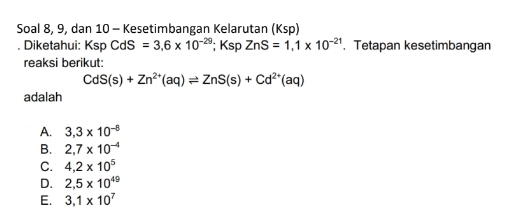 Soal 8, 9, dan 10 - Kesetimbangan Kelarutan (Ksp)
. Diketahui: KspCdS=3,6* 10^(-29); KspZnS=1,1* 10^(-21). Tetapan kesetimbangan
reaksi berikut:
CdS(s)+Zn^(2+)(aq)leftharpoons ZnS(s)+Cd^(2+)(aq)
adalah
A. 3,3* 10^(-8)
B. 2,7* 10^(-4)
C. 4,2* 10^5
D. 2,5* 10^(49)
E. 3,1* 10^7