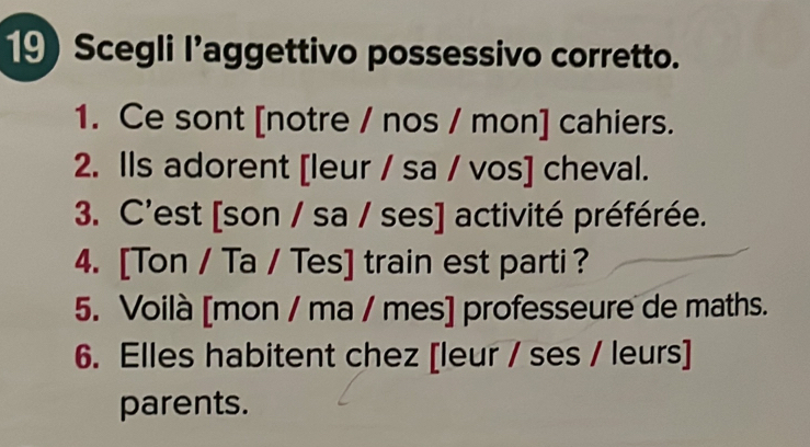 Scegli l’aggettivo possessivo corretto. 
1. Ce sont [notre / nos / mon] cahiers. 
2. Ils adorent [leur / sa / vos] cheval. 
3. C'est [son / sa / ses] activité préférée. 
4. [Ton / Ta / Tes] train est parti ? 
5. Voilà [mon / ma / mes] professeure de maths. 
6. Elles habitent chez [leur / ses / leurs] 
parents.