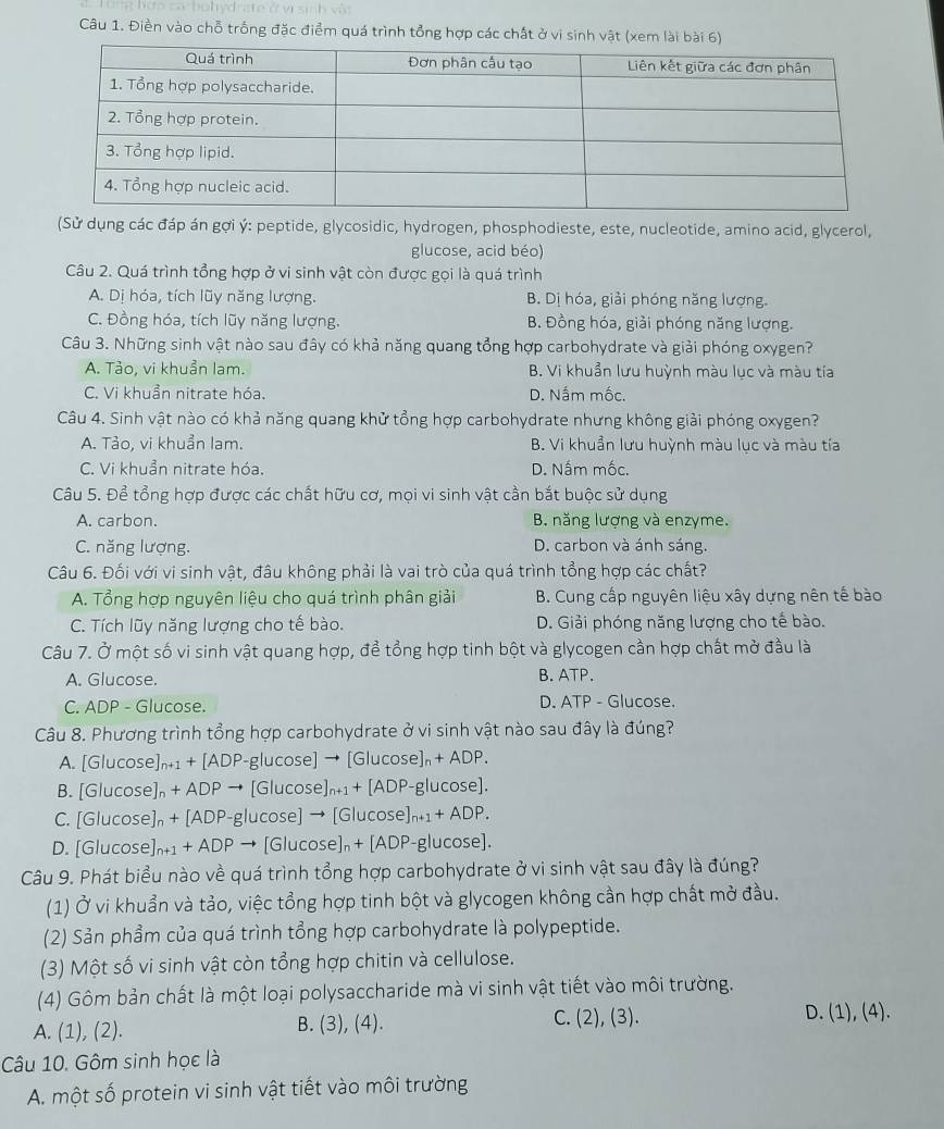 Điền vào chỗ trống đặc điểm quá trình tổng hợp các chất ở vi sinh vật (xe
(Sử dụng các đáp án gợi ý: peptide, glycosidic, hydrogen, phosphodieste, este, nucleotide, amino acid, glycerol,
glucose, acid béo)
Câu 2. Quá trình tổng hợp ở vi sinh vật còn được gọi là quá trình
A. Dị hóa, tích lũy năng lượng. B. Dị hóa, giải phóng năng lượng.
C. Đồng hóa, tích lũy năng lượng. B. Đồng hóa, giải phóng năng lượng.
Câu 3. Những sinh vật nào sau đây có khả năng quang tổng hợp carbohydrate và giải phóng oxygen?
A. Tảo, vi khuẩn lam. B. Vi khuẩn lưu huỳnh màu lục và màu tía
C. Vi khuẩn nitrate hóa. D. Nắm mốc.
Câu 4. Sinh vật nào có khả năng quang khử tổng hợp carbohydrate nhưng không giải phóng oxygen?
A. Tảo, vi khuẩn lam. B. Vi khuẩn lưu huỳnh màu lục và màu tía
C. Vi khuẩn nitrate hóa. D. Nấm mốc.
Câu 5. Để tổng hợp được các chất hữu cơ, mọi vi sinh vật cần bắt buộc sử dụng
A. carbon. B. năng lượng và enzyme.
C. năng lượng. D. carbon và ánh sáng.
Câu 6. Đối với vi sinh vật, đầu không phải là vai trò của quá trình tổng hợp các chất?
A. Tổng hợp nguyên liệu cho quá trình phân giải B. Cung cấp nguyên liệu xây dựng nên tế bào
C. Tích lũy năng lượng cho tế bào. D. Giải phóng năng lượng cho tế bào.
Câu 7. Ở một số vi sinh vật quang hợp, để tổng hợp tinh bột và glycogen cần hợp chất mở đầu là
A. Glucose. B. ATP.
C. ADP - Glucose. D. ATP - Glucose.
Câu 8. Phương trình tổng hợp carbohydrate ở vi sinh vật nào sau đây là đúng?
A. [Glucose]n+1 + [ADP-glucose] → [Glucos e]_n+ADP.
B. [Glucose], + ADP → [Glucose] n+1^+ [ADP-glucos e
C. [Glucose]n + [ADP-glucose] → [Glucose]n _1+ADP.
D. [Glucose]n+1 + ADP → [Glucose]n + [ADP-glucose].
Câu 9. Phát biểu nào về quá trình tổng hợp carbohydrate ở vi sinh vật sau đây là đúng?
(1) Ở vi khuẩn và tảo, việc tổng hợp tinh bột và glycogen không cần hợp chất mở đầu.
(2) Sản phẩm của quá trình tổng hợp carbohydrate là polypeptide.
(3) Một số vi sinh vật còn tổng hợp chitin và cellulose.
(4) Gôm bản chất là một loại polysaccharide mà vi sinh vật tiết vào môi trường.
A. (1), (2). B. (3), (4).
C. (2), (3). D. (1), (4).
Câu 10. Gôm sinh học là
A. một số protein vi sinh vật tiết vào môi trường