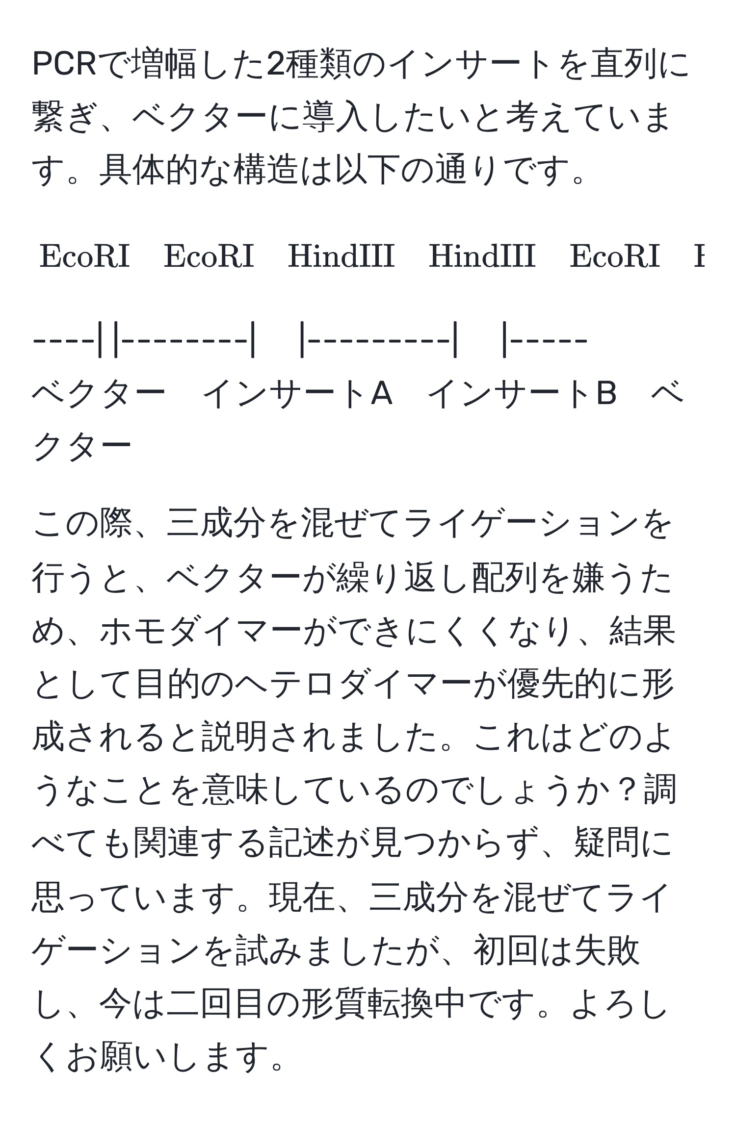 PCRで増幅した2種類のインサートを直列に繋ぎ、ベクターに導入したいと考えています。具体的な構造は以下の通りです。

$$EcoRI quad EcoRI quad HindIII quad HindIII quad EcoRI quad EcoRI$$
----|  |--------|  　|---------|  　|-----
ベクター　インサートA　インサートB　ベクター  

この際、三成分を混ぜてライゲーションを行うと、ベクターが繰り返し配列を嫌うため、ホモダイマーができにくくなり、結果として目的のヘテロダイマーが優先的に形成されると説明されました。これはどのようなことを意味しているのでしょうか？調べても関連する記述が見つからず、疑問に思っています。現在、三成分を混ぜてライゲーションを試みましたが、初回は失敗し、今は二回目の形質転換中です。よろしくお願いします。