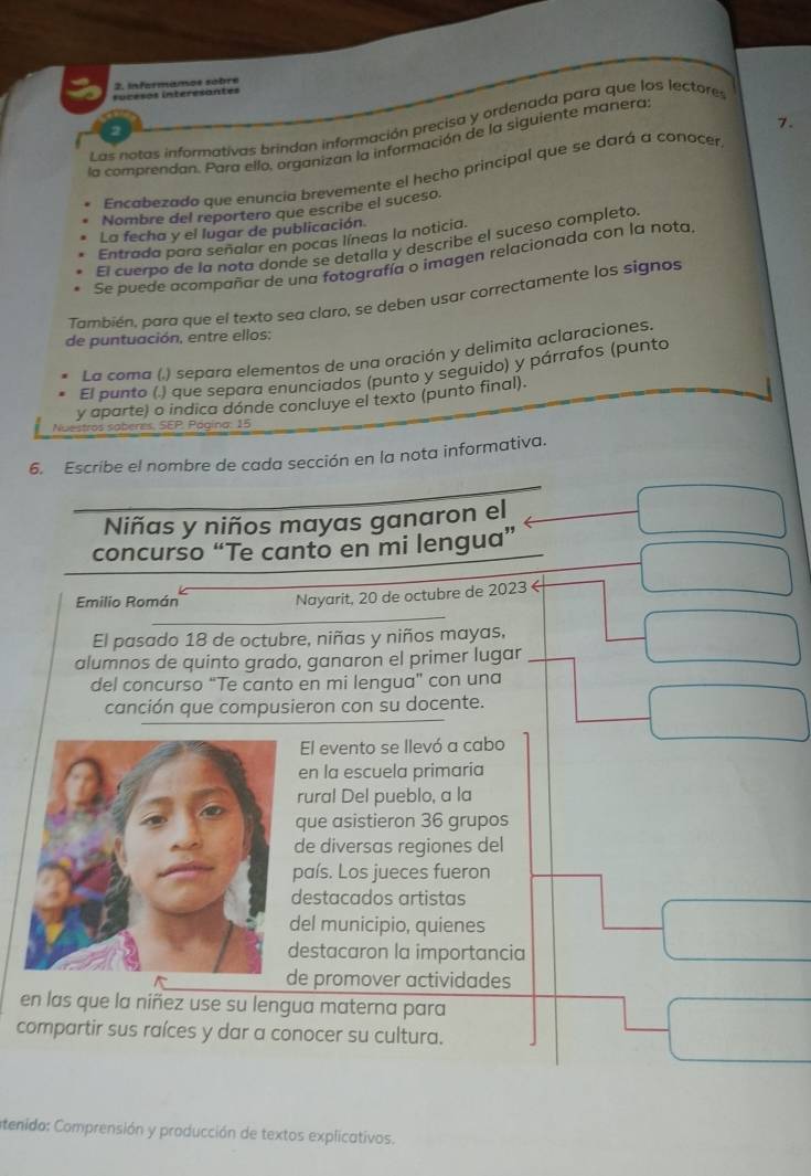 Infermamos sobre
fúcesos interesantes
Las notas informativas brindan información precisa y ordenada para que los lectores
la comprendan. Para ello, organizan la información de la siguiente manera
Encabezado que enuncia brevemente el hecho principal que se dará a conacer 7.
Nombre del reportero que escribe el suceso.
La fecha y el lugar de publicación.
Entrada para señalar en pocas líneas la noticia.
Fi cuerbo de la nota donde se detalla y describe el suceso completo
Se puede acompañar de una fotografía o imagen relacionada con la nota
También, para que el texto sea claro, se deben usar correctamente los signos
de puntuación, entre ellos:
La coma (,) separa elementos de una oración y delimita aclaraciones.
El punto (.) que separa enunciados (punto y seguido) y párrafos (punto
y aparte) o indica dónde concluye el texto (punto final).
Nuestros saberes, SEP, Página: 15
6. Escribe el nombre de cada sección en la nota informativa.
Niñas y niños mayas ganaron el
concurso “Te canto en mi lengua”
Emilio Román Nayarit, 20 de octubre de 2023 ←
El pasado 18 de octubre, niñas y niños mayas,
alumnos de quinto grado, ganaron el primer lugar
del concurso “Te canto en mi lengua" con una
canción que compusieron con su docente.
El evento se llevó a cabo
en la escuela primaria
rural Del pueblo, a la
que asistieron 36 grupos
de diversas regiones del
país. Los jueces fueron
destacados artistas
del municipio, quienes
destacaron la importancia
de promover actividades
en las que la niñez use su lengua materna para
compartir sus raíces y dar a conocer su cultura.
atenido: Comprensión y producción de textos explicativos.