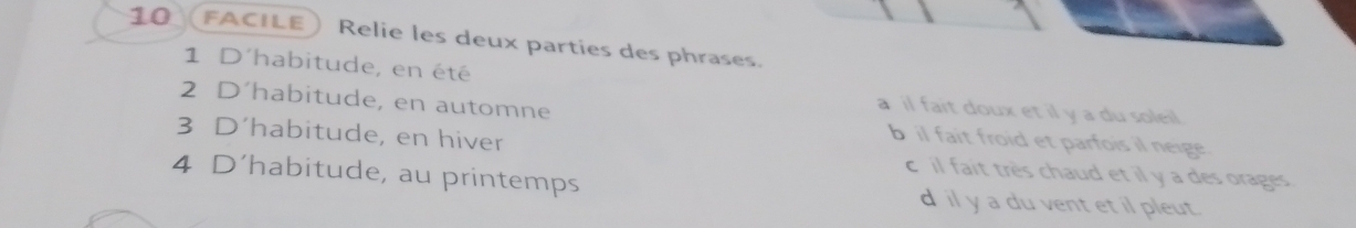 facile Relie les deux parties des phrases.
1 D´habitude, en été
a il fait doux et il y a du soleil.
2 D´habitude, en automne b il fait froid et parfois il neige.
3 D´habitude, en hiver c il fait très chaud et il y a des orages
4 D’habitude, au printemps d il y a du vent et il pleut.