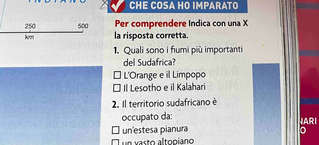 CHE COSA HO IMPARATO
250 500 Per comprendere Indica con una X
km la risposta corretta.
1. Quali sono i fumi più importanti
del Sudafrica?
L'Orange e il Limpopo
Il Lesotho e il Kalahari
2. Il territorio sudafricano è
occupato da:
JARI
un’estesa pianura
un vasto altopiano