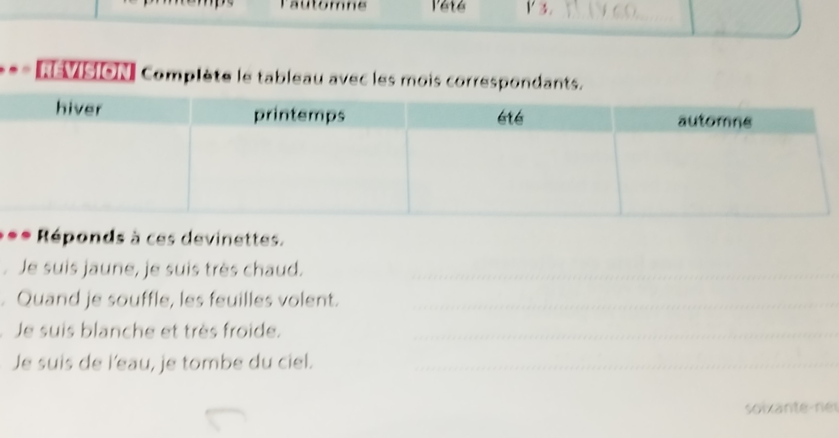 Tautomne Peté V 3. NCO 
= NMSON complète le tableau avec les mois correspondants. 
== Réponds à ces devinettes. 
Je suis jaune, je suis très chaud._ 
. Quand je souffle, les feuilles volent._ 
Je suis blanche et très froide._ 
Je suis de l'eau, je tombe du ciel._ 
soixante-net