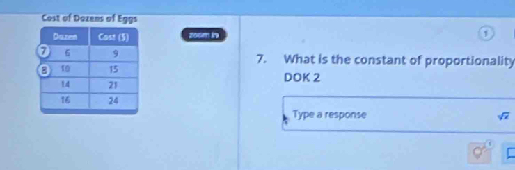 Cost of Dozens of Eggs 
zoom in 
1 
7. What is the constant of proportionality 
DOK 2 
Type a response sqrt(x)
a