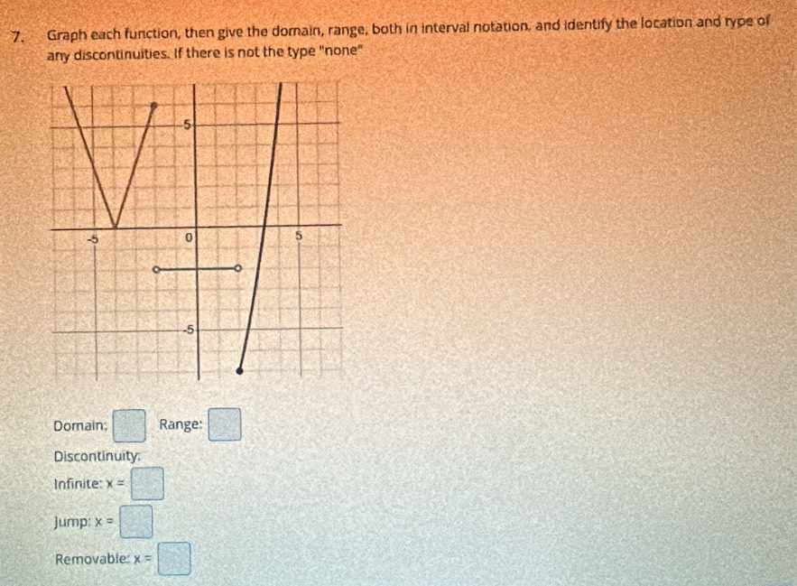 Graph each function, then give the domain, range, both in interval notation, and identify the location and type of 
any discontinuities. If there is not the type "none" 
Domain, □ Range: □ 
Discontinuity 
Infinite x=□
Jump: x=□
Removable: x=□