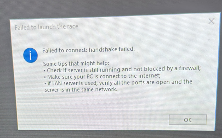 Solved: Failed to launch the race i Failed to connect: handshake failed ...