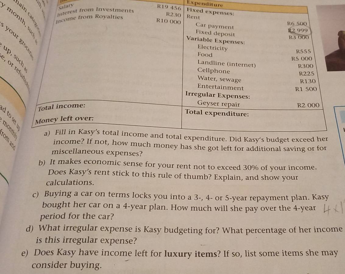 Expenditure 
Salary R19 456
é 
s 
up, 
_ 
Bot left for additional saving or for 
miscellaneous expenses? 
b) It makes economic sense for your rent not to exceed 30% of your income. 
Does Kasy’s rent stick to this rule of thumb? Explain, and show your 
calculations. 
c) Buying a car on terms locks you into a 3 -, 4 - or 5-year repayment plan. Kasy 
bought her car on a 4-year plan. How much will she pay over the 4-year
period for the car? 
d) What irregular expense is Kasy budgeting for? What percentage of her income 
is this irregular expense? 
e) Does Kasy have income left for luxury items? If so, list some items she may 
consider buying.