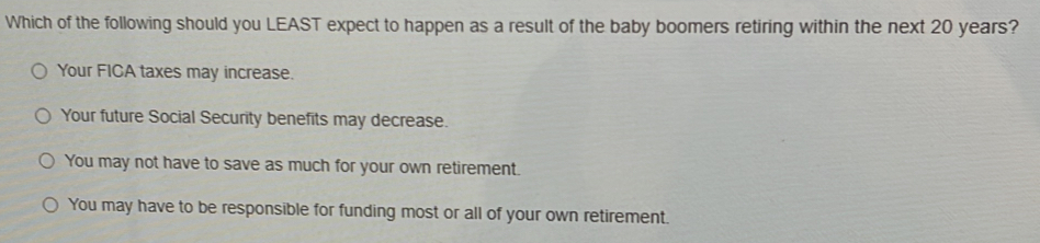 Which of the following should you LEAST expect to happen as a result of the baby boomers retiring within the next 20 years?
Your FICA taxes may increase.
Your future Social Security benefits may decrease.
You may not have to save as much for your own retirement.
You may have to be responsible for funding most or all of your own retirement.