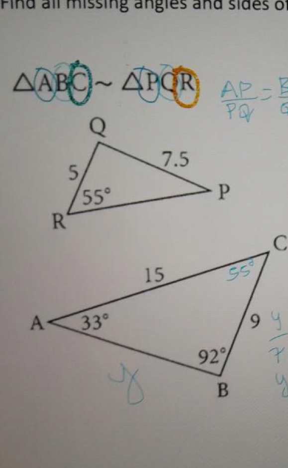 Find all missing angles and sides of
△ ABCsim △ PCR