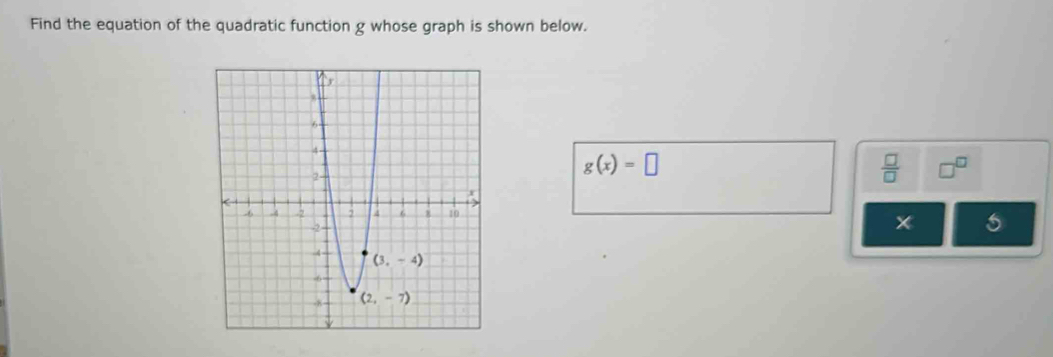 Find the equation of the quadratic function g whose graph is shown below.
g(x)=□
 □ /□   □^(□)
5